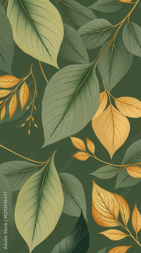 Poster elegant foliage pattern with green and gold leaves, perfect for adding a touch of nature to any proj