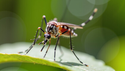 Fototapeta premium Aedes aegypti mosquito resting on a green leaf, a primary vector responsible for spreading Zika, dengue, chikungunya, and yellow fever