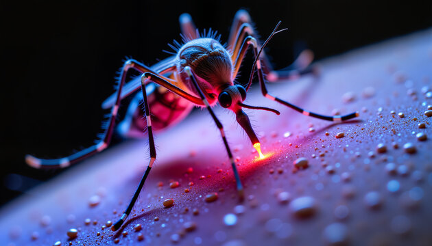 Aedes aegypti mosquito feeding on human skin, with a glowing red bite site symbolizing virus transmission and infectious disease risk