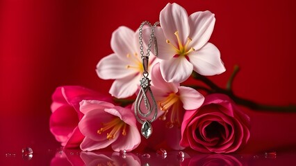 Obraz premium Sleek Minimalist Jewelry Showcase with Spring Flowers on Deep Red Background