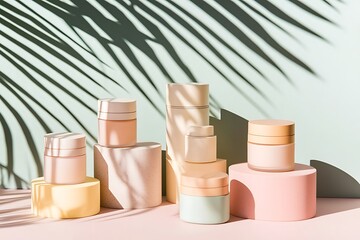 Trendy minimalist display for organic cosmetics with palm leaf shadows and pastel tones, perfect for eco-conscious beauty branding