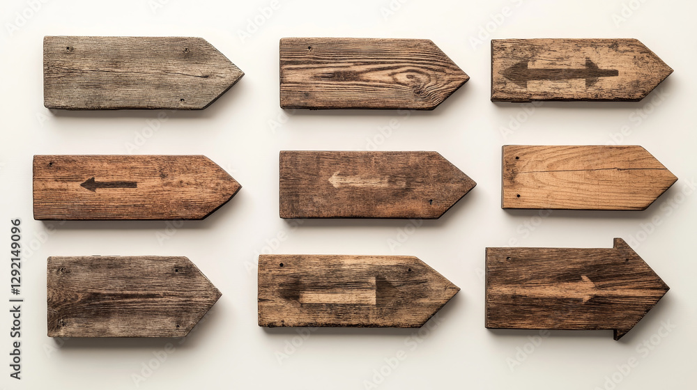 Poster realistic set of wooden signboards indicating direction. vector illustration of arrow sign posts wit