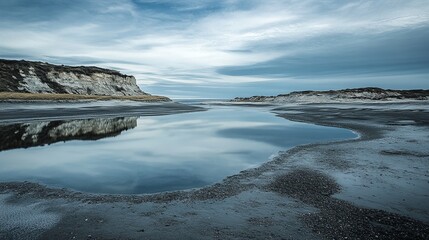 Tranquil reflection of cliffs in tidal pool coastal area landscape photography serene environment wide angle