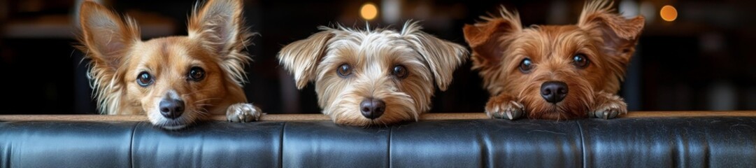 Three Adorable Dogs Waiting at the Table for Treats in the Cafe. Generative AI
