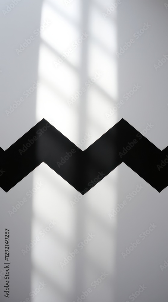 Poster geometric shadow: stark black zigzag contrasting with soft window light on a textured white backdrop