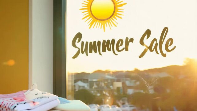Vibrant summer sale display with colorful clothes and sunshine logo in urban setting