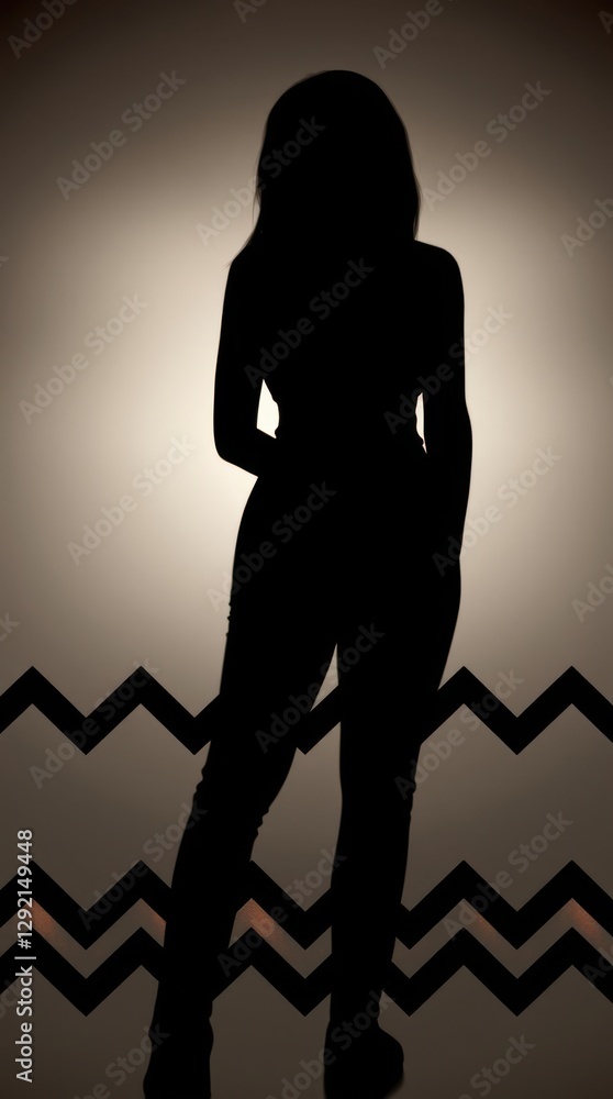 Poster silhouette of a woman standing in front of a backdrop with zigzag lines and a gradient background.