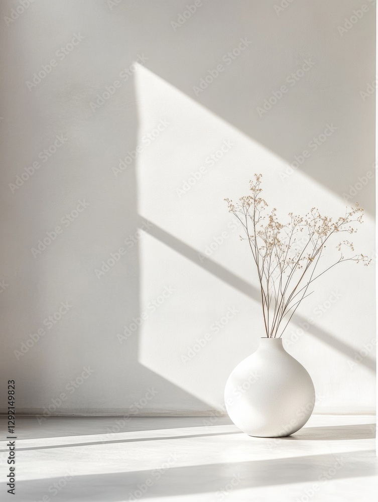 Poster simple vase with dried flowers illuminated by natural light on a neutral wall and floor setting. gen