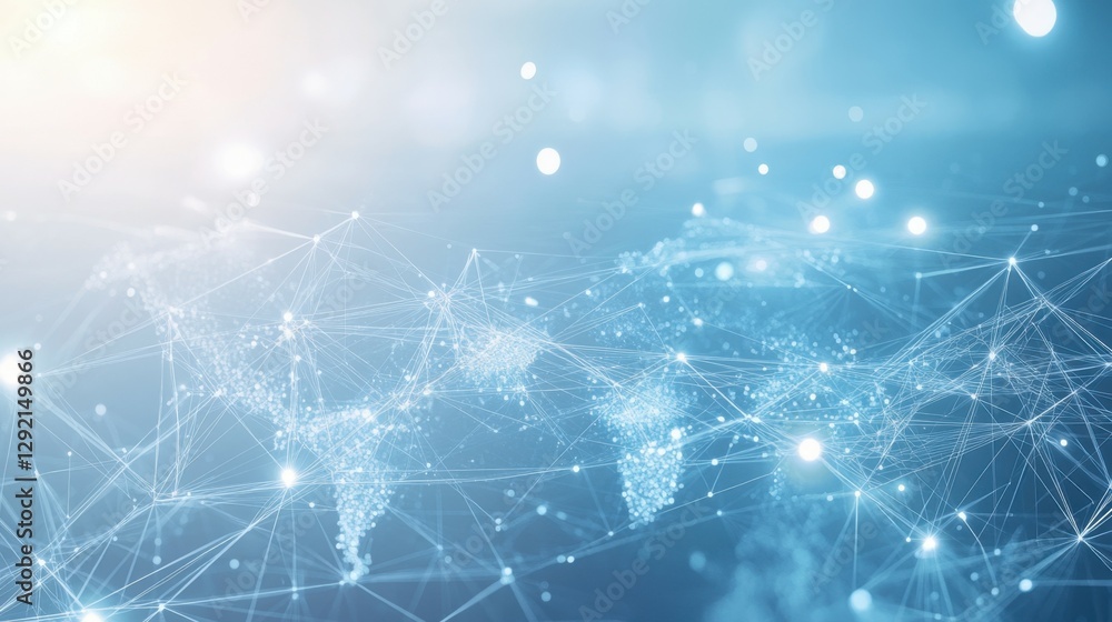 Poster light blue background with a digital world map and global network connections, representing the conc