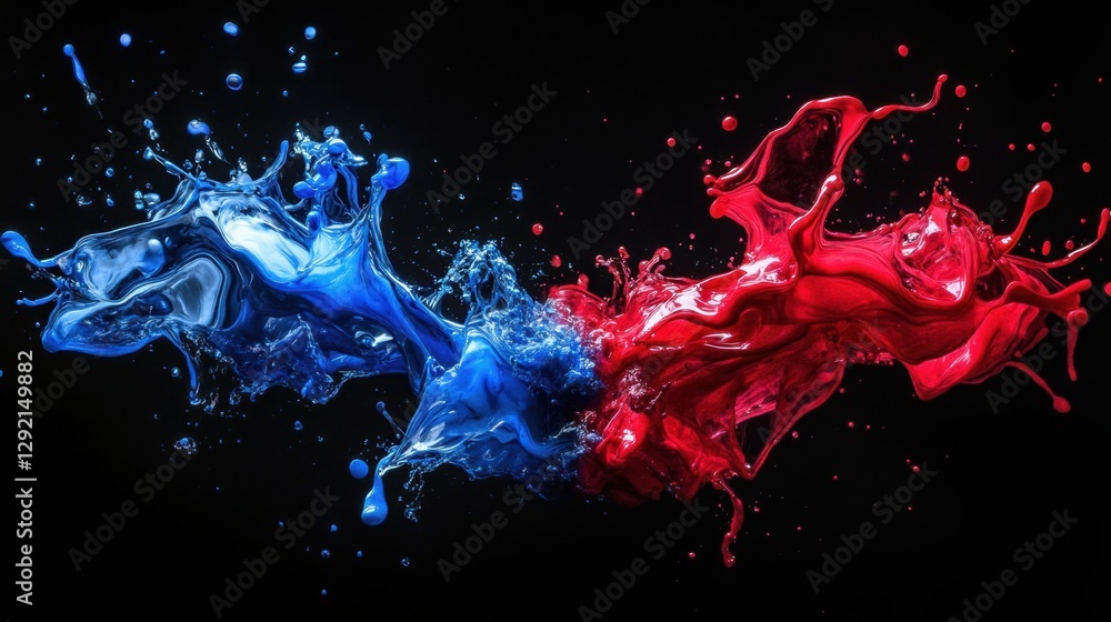 Poster dynamic abstract liquid art with red and blue splashes in motion