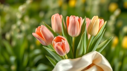 Fototapeta premium Elegant Tulip Bouquet in Soft Daylight Cinematic Composition