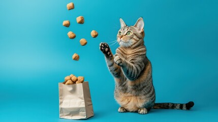 A tabby cat sits in front of a blue background with a paper bag filled with treats. Several treats are falling from the bag towards the cat, which is reaching out with its paw to catch one.