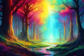 Colorful illustration of forest and river. Fairytale landscape. Hallucinations.