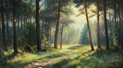 Obraz premium Beautiful forest in spring with bright sun shining through the trees
