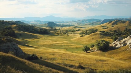 Naklejka premium Scenic landscape view rolling hills nature photography sunny day panoramic perspective tranquility