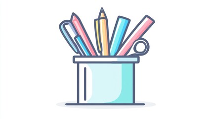Colorful pens and pencils in a container, stationery supplies