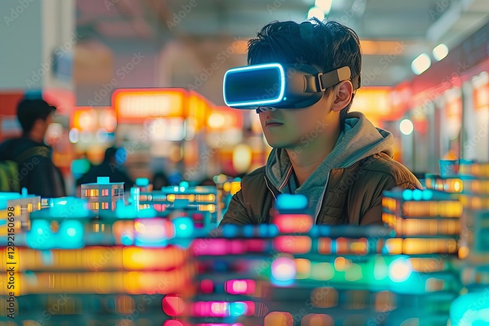 Aufkleber an asian man architect immersed in a virtual reality world, working on a 3d architectural building m