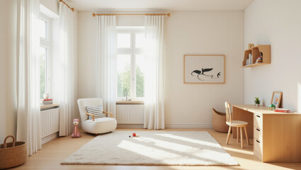 Fototapeta premium Cozy and bright children room with playful decor and workspace