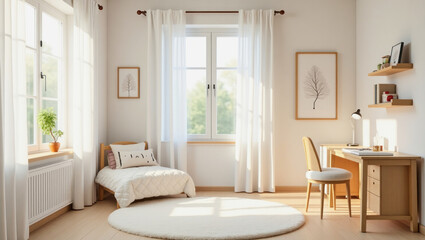 Cozy childrens room features a lovely bed, desk, and soft rug