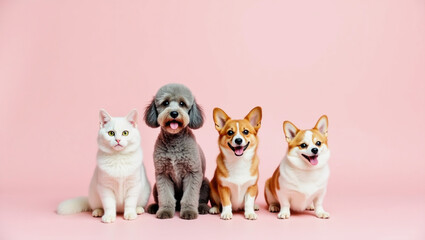 Obraz premium Playful dogs and cat pose together on pink background