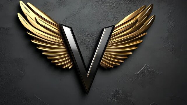 Elegant golden wings surround a bold black V on a dark textured background