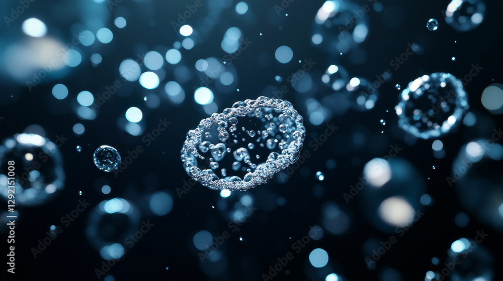 Poster fizzy water bubbles floating on dark background. multiple transparent spherical shapes with light re