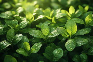 Vibrant Green Leaves Glistening with Morning Dew in Nature
