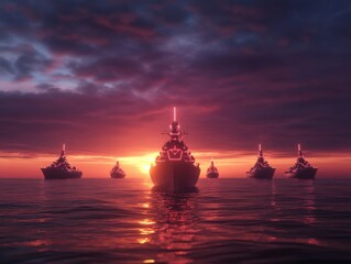 Fototapeta premium Fleet of Warships at Sunset