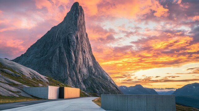 Stetind national mountain and empty asphalt road in Norway sunset rocky peak landscape, summer season travel beautiful destinations scandinavian northern nature scenery