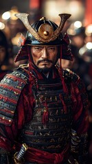 Obraz premium Samurai commander resilience and authority amidst his warriors