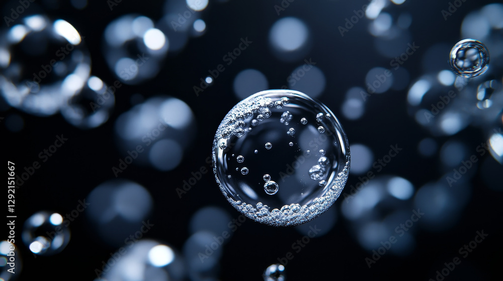Poster fizzy water bubbles floating on dark background. multiple transparent spherical shapes with light re