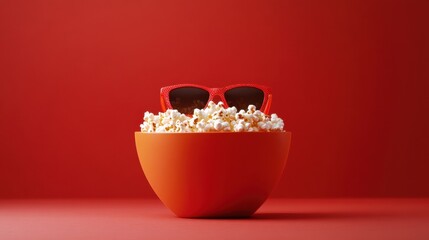 A vibrant bowl of popcorn wearing stylish sunglasses against a bold red backdrop