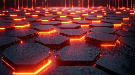 Fototapeta premium Abstract hexagonal grid floor with glowing orange lines in a futuristic environment