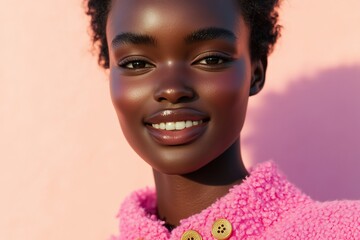 model in a bubblegum pink tweed mini dress, adorned with gold button details. The soft frayed texture of the fabric contrasts with the structured silhouette