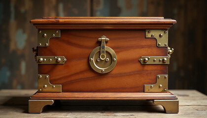 Antique wooden chest with brass fittings displayed in a rustic setting for vintage craftsmanship and storage concept in stock photography