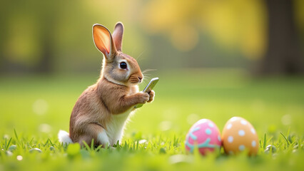 rabbit uses mobile phone walking field decorated eggs