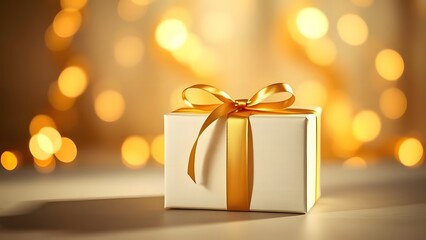 Golden Elegance Luxury Wrapped Gift Box on Dreamy Blurred Background