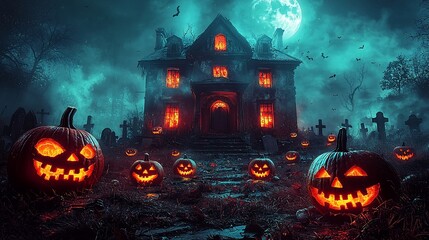 Spooky Halloween haunted house, pumpkins, graveyard, moonlit night.