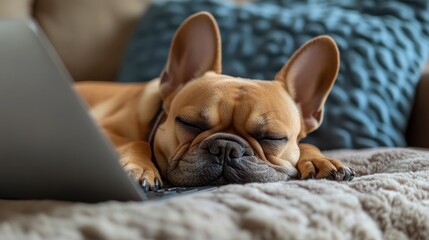 Adorable french bulldog sleeping on sofa with laptop nearby
