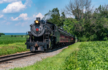 A classic steam train chugs through vibrant fields under a bright blue sky. The train's black engine contrasts with the green landscape as smoke rises into the air.