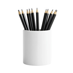 Fototapeta premium Black pencils arranged in a white holder on a bright background, white holder for pencils on isolated isolated on Transparent background