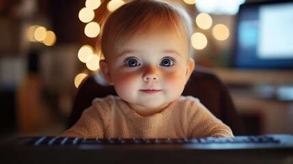Adorable caucasian baby with big eyes near keyboard and soft background lights