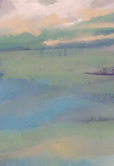 Impressionistic Modern Landscape-Digital Painting, Art, Illustration of Brook, Pond, Meadow, Valley at Sunrise or Sunset in Soft Pastels of Hues of Blue, Green, Yellow, Orange, Aqua, Purple