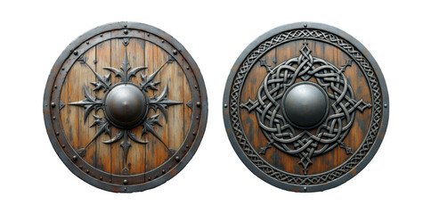 Fototapeta premium Intricately Designed Wooden Viking Shields with Metal Embellishments, Perfect for Historical Reenactments and Decor, Isolated on Transparent and White Background