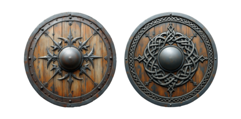 Intricately Designed Wooden Viking Shields with Metal Embellishments, Perfect for Historical Reenactments and Decor, Isolated on Transparent and White Background