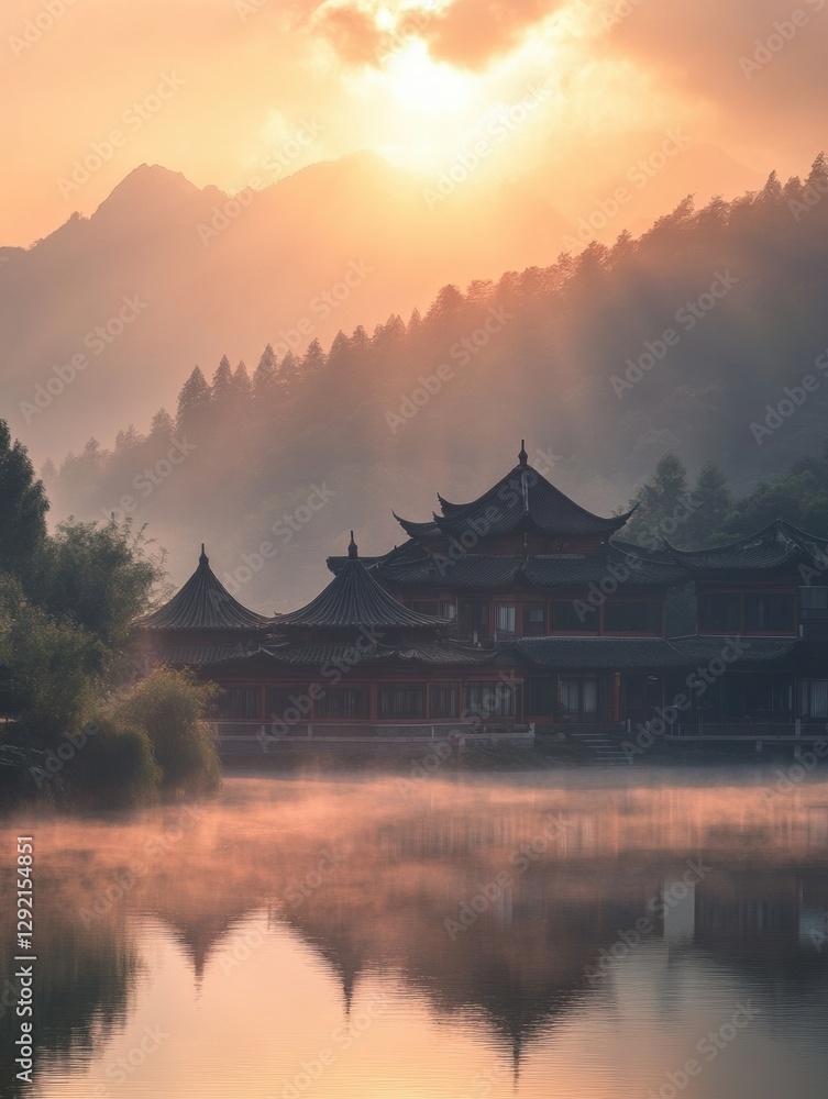 Aufkleber serene sunrise over misty mountains and traditional architecture by a calm lake. generative ai
