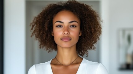 Confident young african female with curly hair in white top