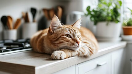 Relaxed orange tabby cat lounging on kitchen counter with green plants and wooden utensils