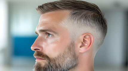 Obraz premium Man's profile, stylish haircut, office background, serious expression, headshot
