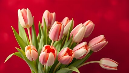 Obraz premium Gorgeous Tulip Bouquet in Soft Daylight Against Deep Red Background